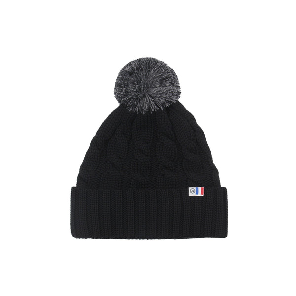 Wollen muts met pompon zwart grijs - Dames