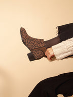 Bottines Moyen Talon Cuir Daim Léopard - Femme