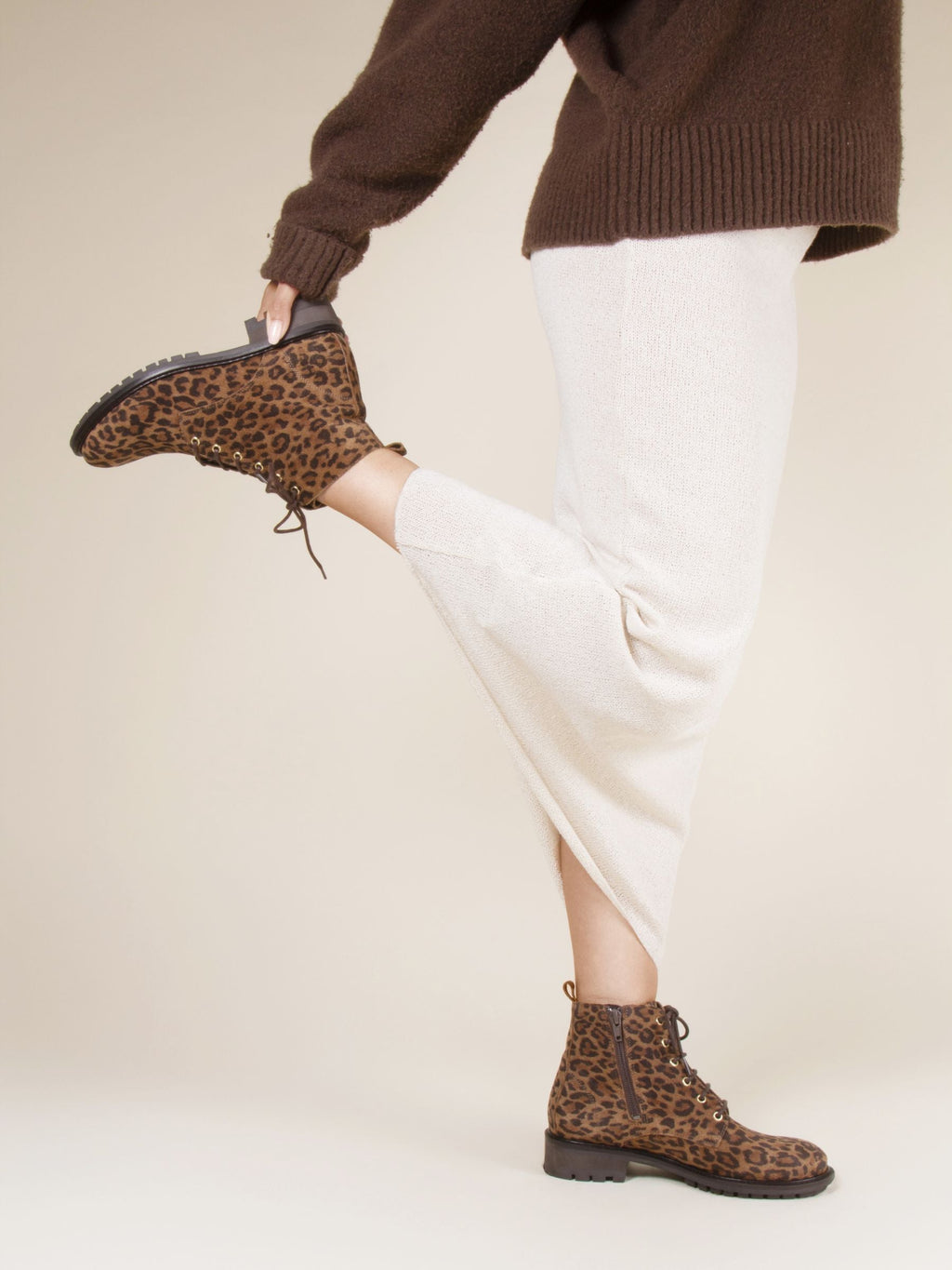 Bottines Plates À Lacet Cuir Léopard - Femme