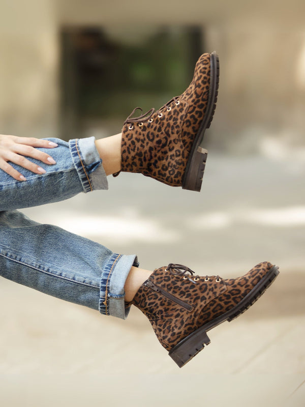 Platte veterboots leer met luipaardprint - Dames