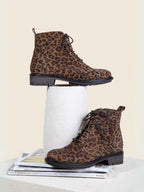 Bottines Plates À Lacet Cuir Léopard - Femme