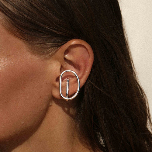 silver oval earrings modern designer woman