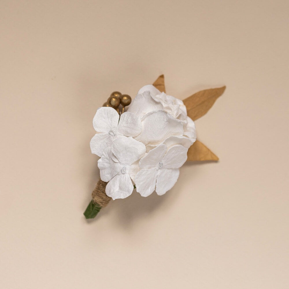Boutonnière Fleurs En Papier Blanc Et Doré