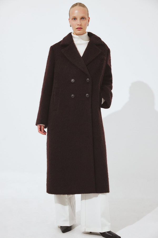 Cappotto dritto in misto lana spazzolata - Prugna