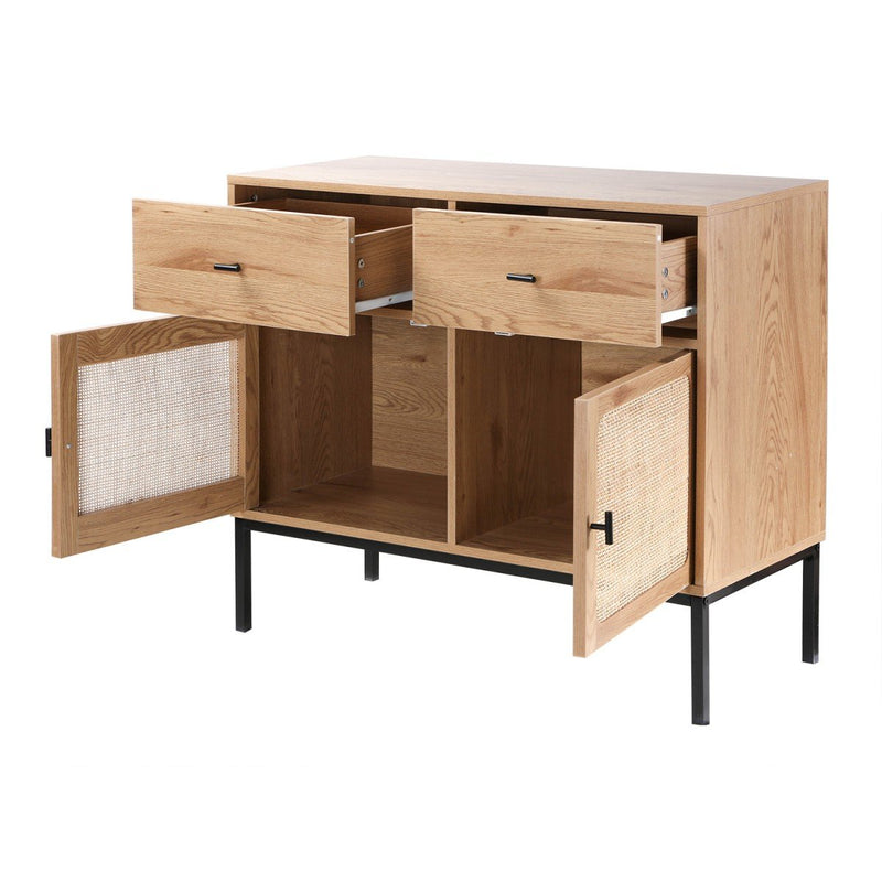 Buffet 2 Portes 2 Tiroirs Avec Cannage Rotin - Jaya - Décor Bois Et Rotin