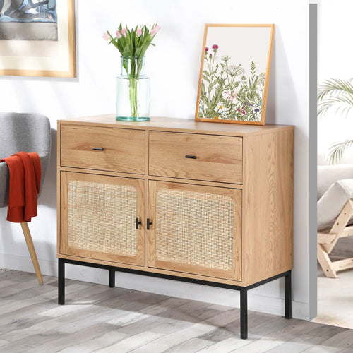 Buffet 2 Portes 2 Tiroirs Avec Cannage Rotin - Jaya - Décor Bois Et Rotin