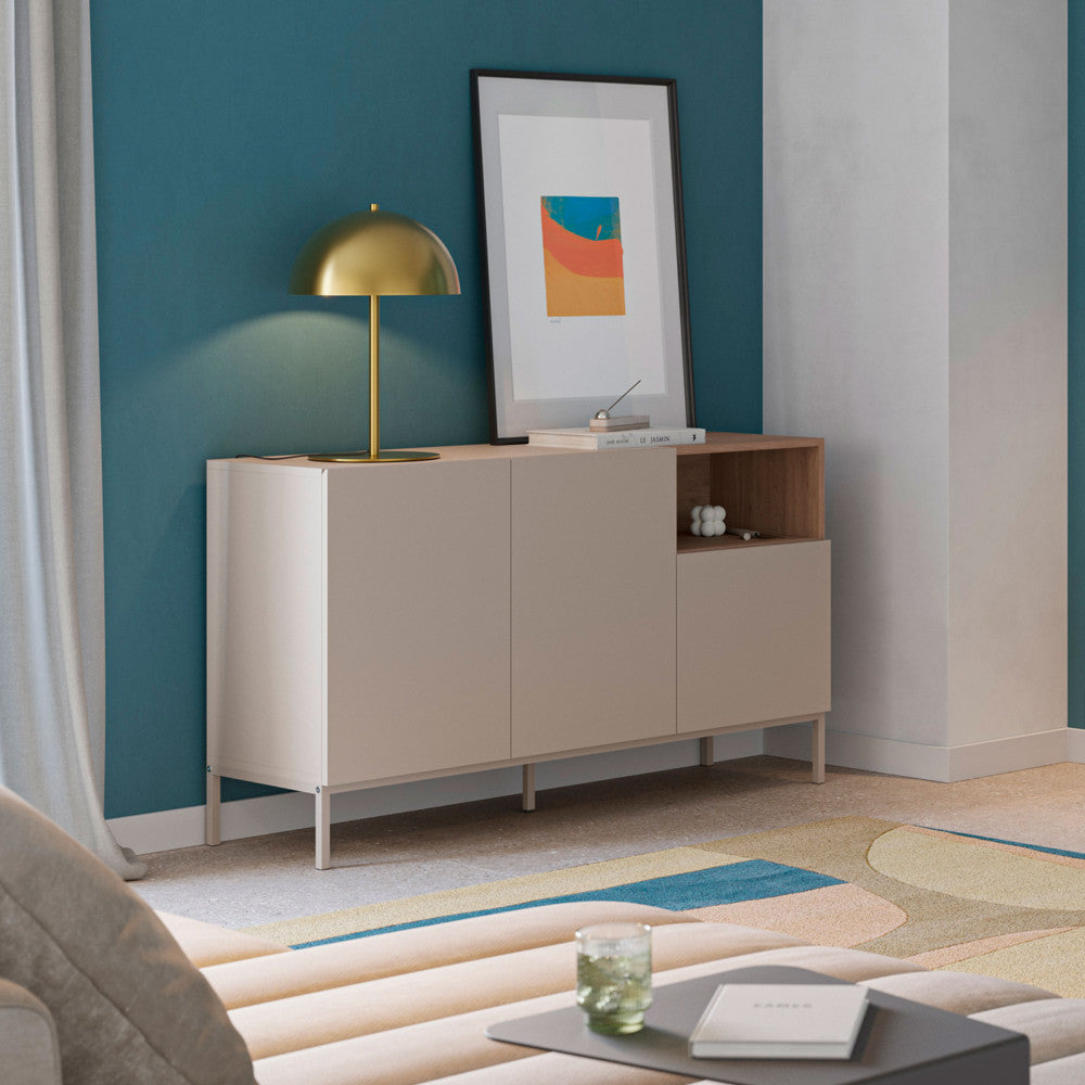 Quenor - Aparador de 3 puertas y metal - Madera - Beige