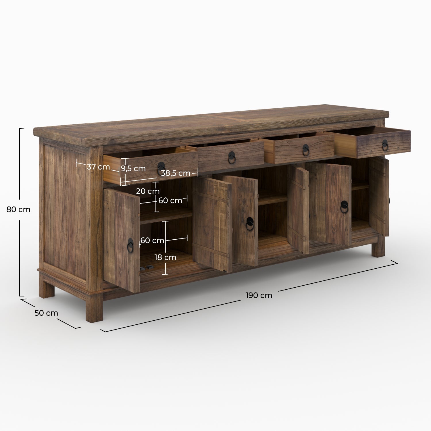 Mastic - Buffet En Bois Recyclé 3 Portes Et 4 Tiroirs