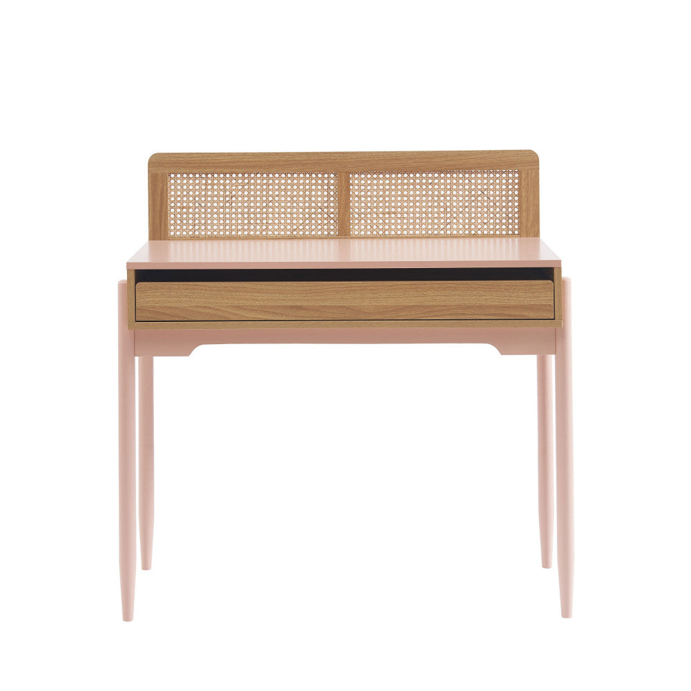 Lilou - Escritorio infantil con 1 cajón - Madera y rejillado - Rosa