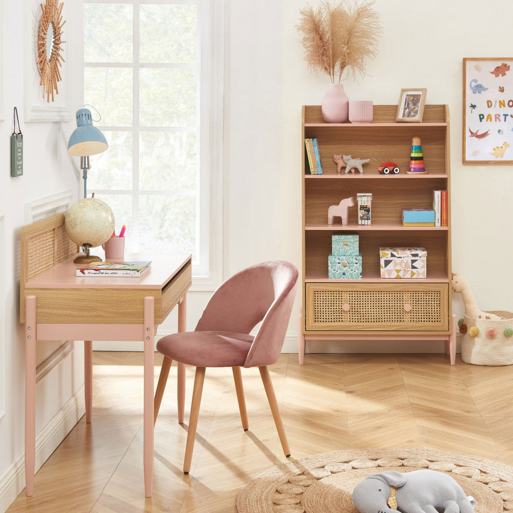 Lilou - Escritorio infantil con 1 cajón - Madera y rejillado - Rosa