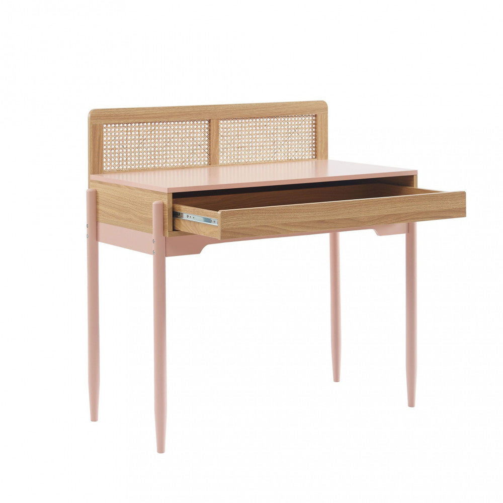 Lilou - Escritorio infantil con 1 cajón - Madera y rejillado - Rosa