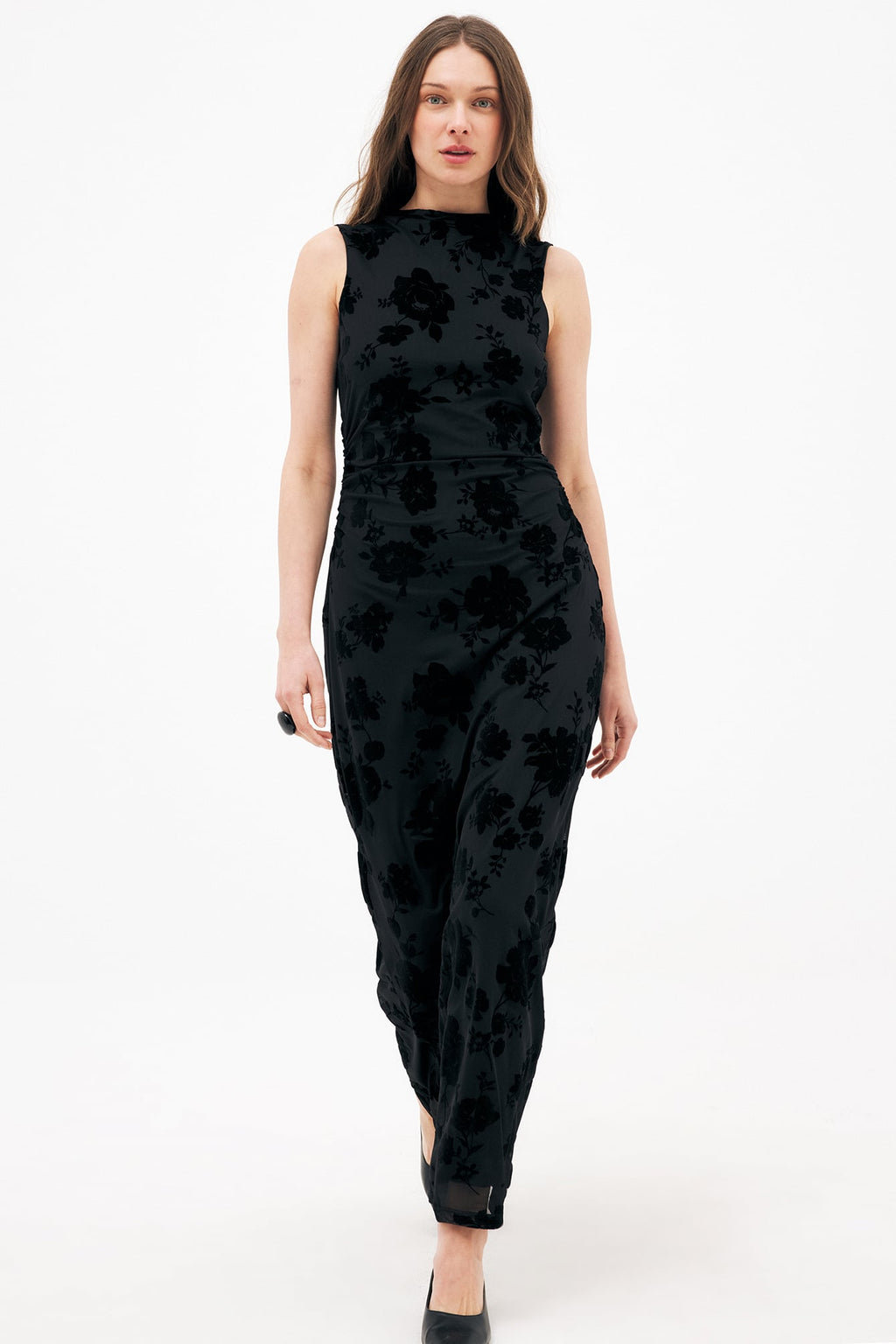 Vestido Largo de Cuello Chimenea Burn Out Negro