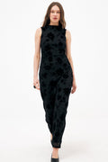 Vestido Largo de Cuello Chimenea Burn Out Negro