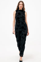 Vestido Largo de Cuello Chimenea Burn Out Negro