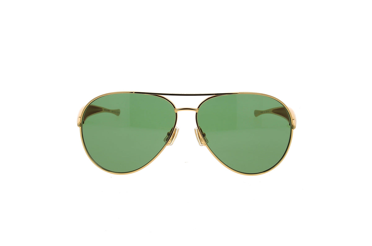 Luxury Eyewear – Solbriller - Bottega Veneta, guldfarvede aviator-solbriller med grønne glas på hvid baggrund