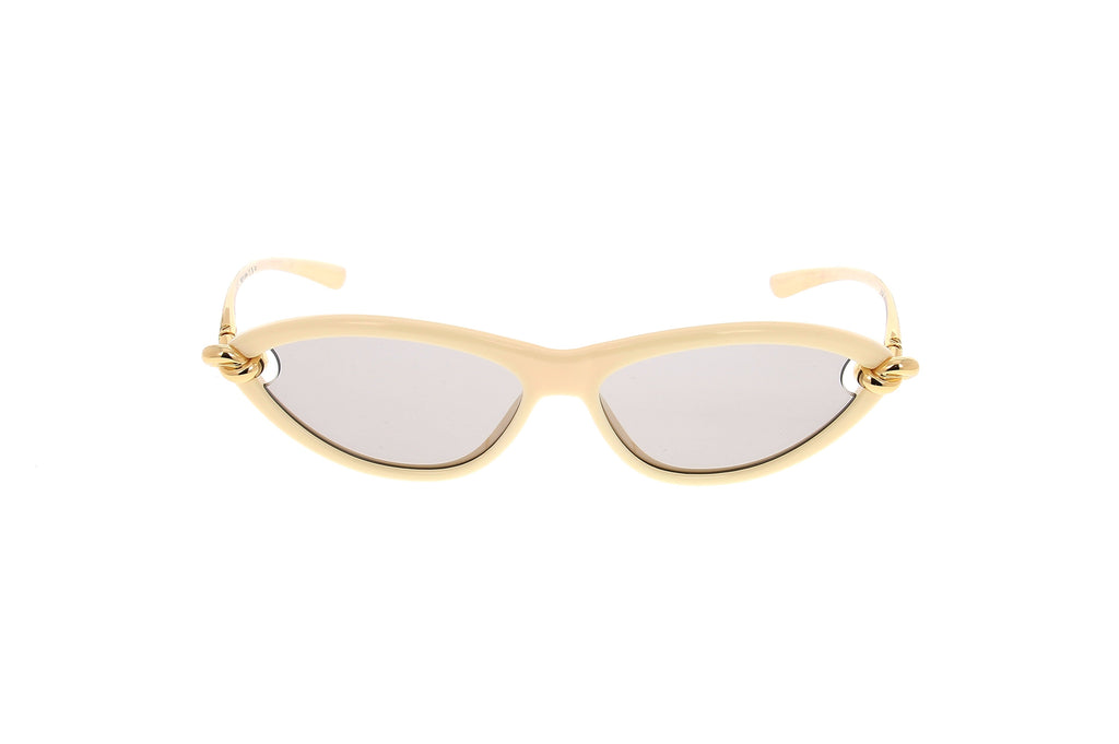 Luxury Eyewear – Okulary przeciwsłoneczne - Bottega Veneta, złote okulary przeciwsłoneczne kocie oczy z jasnoszarymi szkłami, widok z przodu