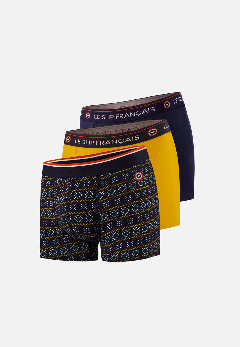 Lot De 3 Boxers En Coton - Boxers Flocon Moutarde Marine