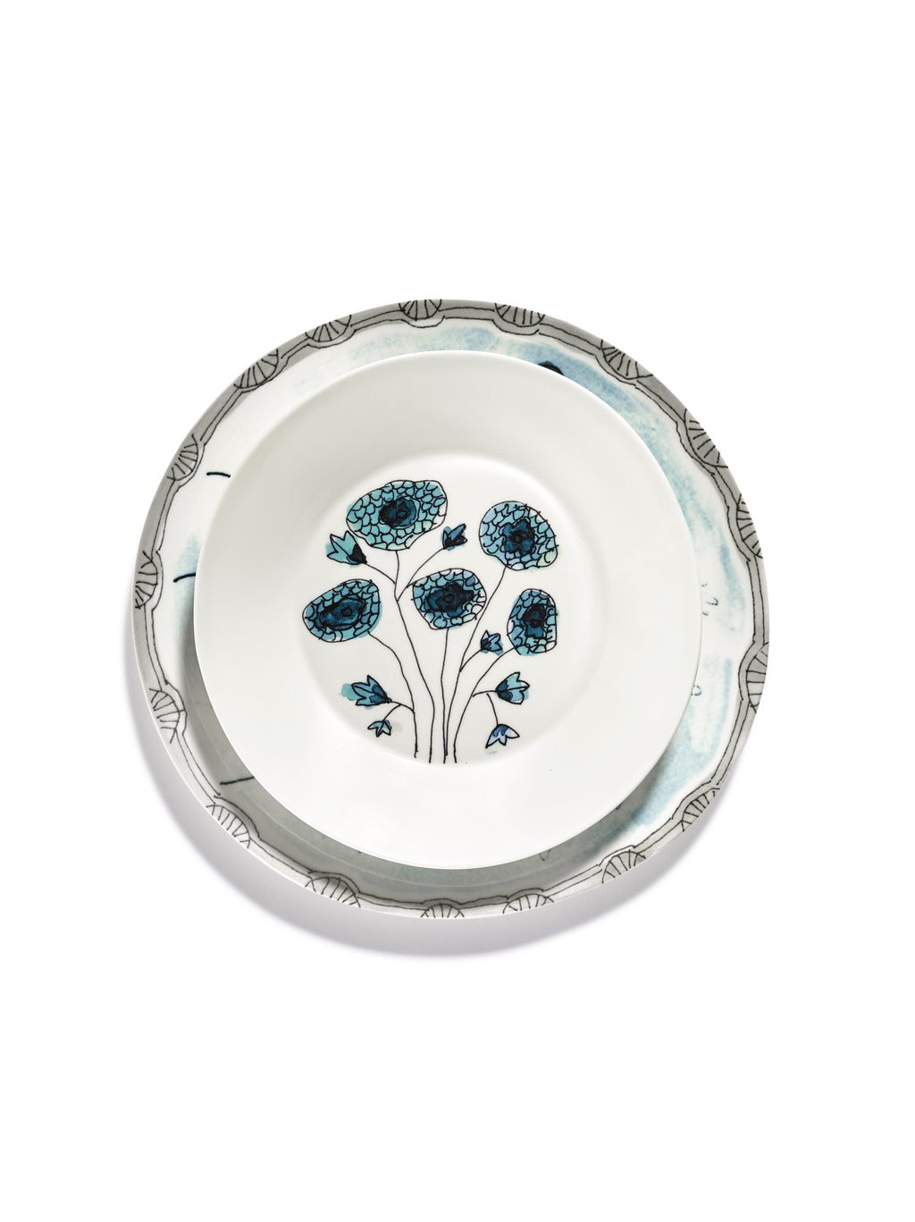 Midnight Flowers - 2er-Set Tiefe Teller - M - Bone-China-Porzellan - Anemone Vaniglia