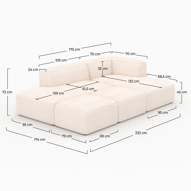 Canapé modulable Mina en velours côtelé blanc 4 places avec 2 poufs