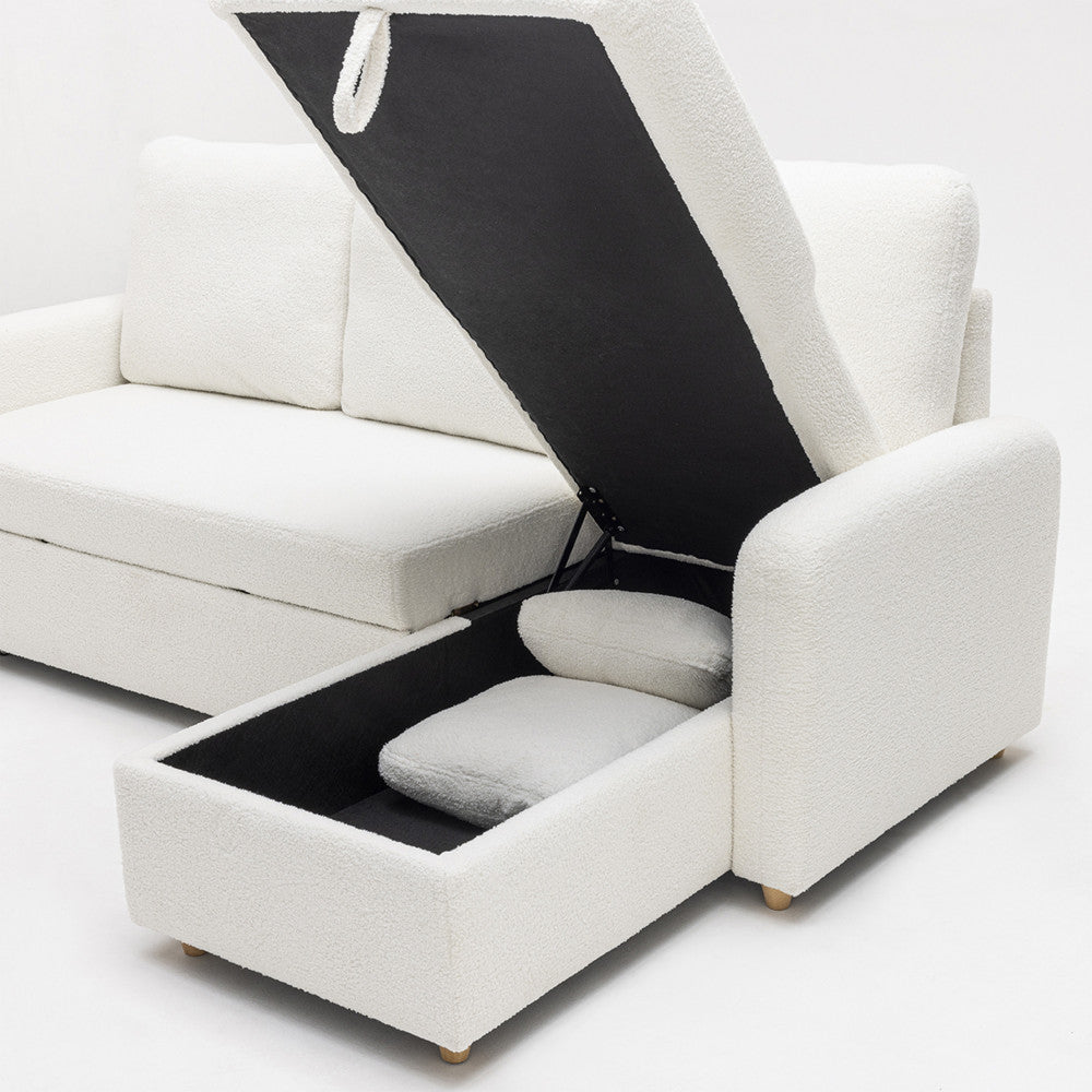 Matera - Sofá Esquinero Reversible Convertible De 3 Plazas - Tela Bouclé Con Arcón - Blanco