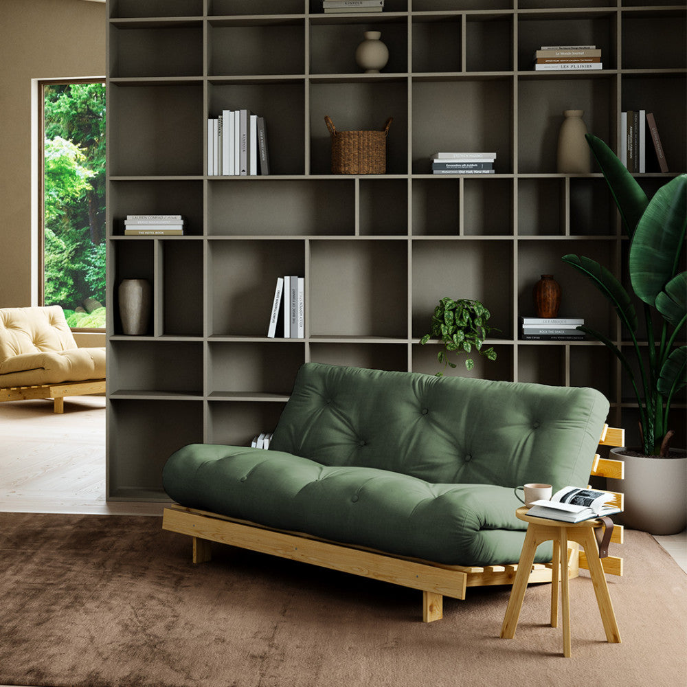Roots - Sofá convertible - Madera natural y tela - Verde oliva