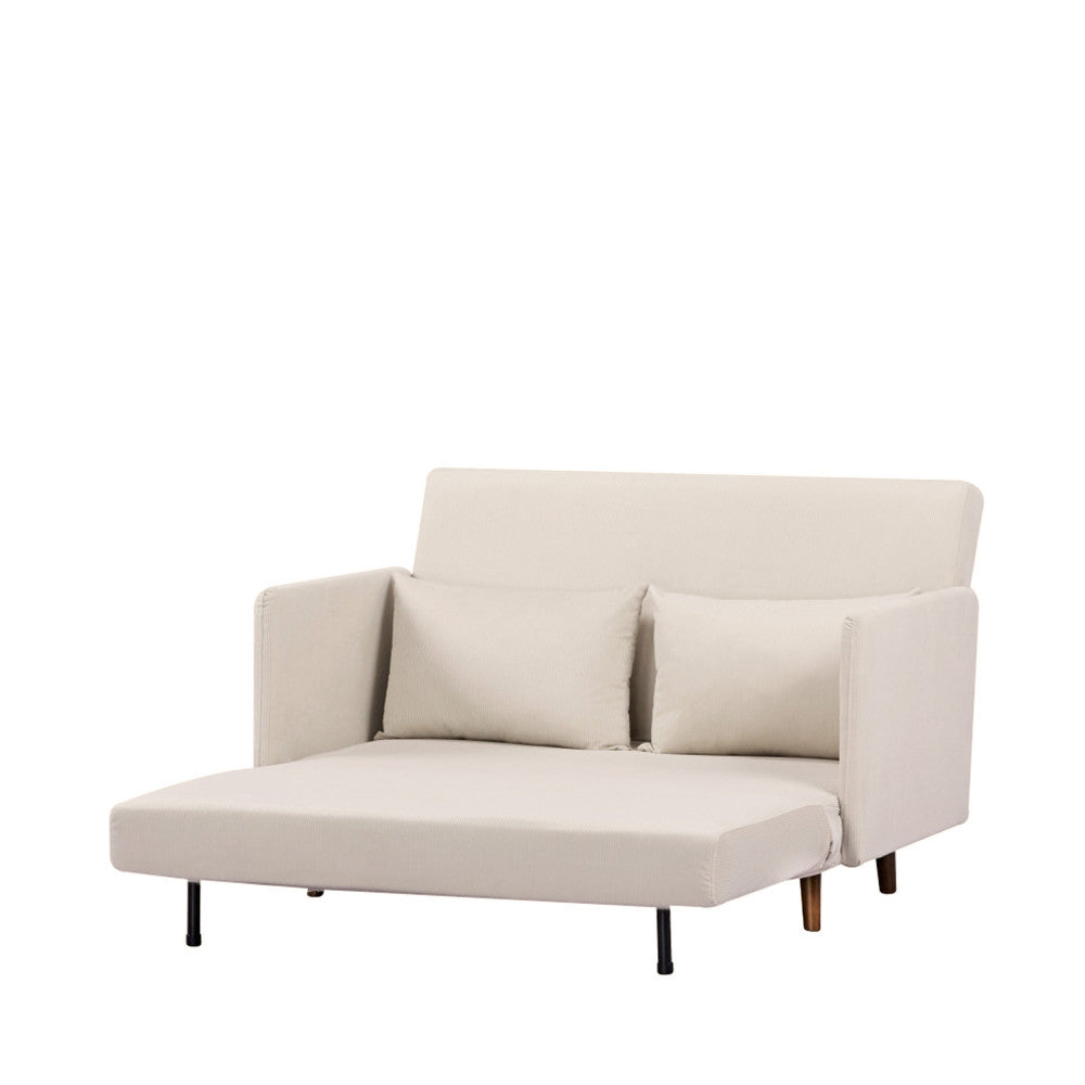 Belushi - Canapé Convertible 2 Places - Velours Côtelé Pieds Bois Foncé - Beige