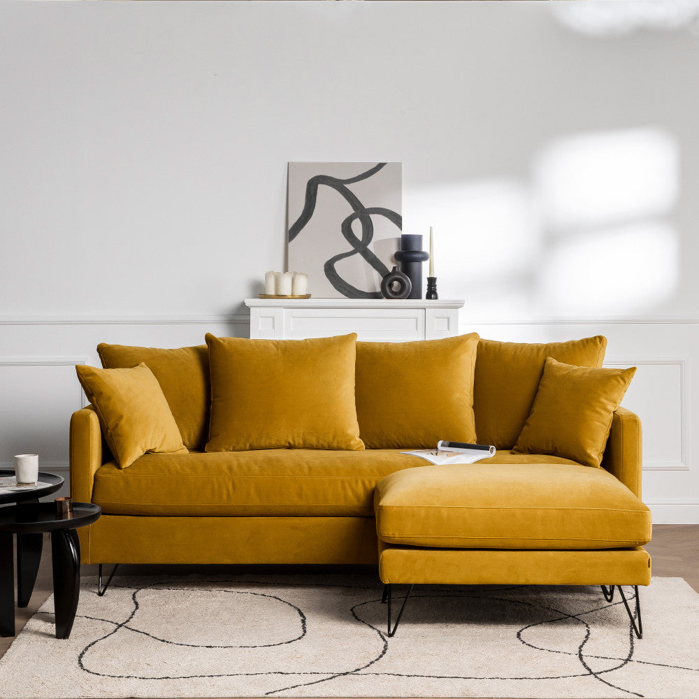 Villabon - 3-Seater Sofa Bed - Velvet, Black Hairpin Legs - Mustard Yellow