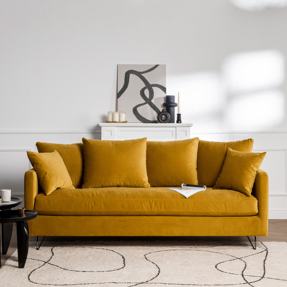 Villabon - 3-Seater Sofa Bed - Velvet, Black Hairpin Legs - Mustard Yellow