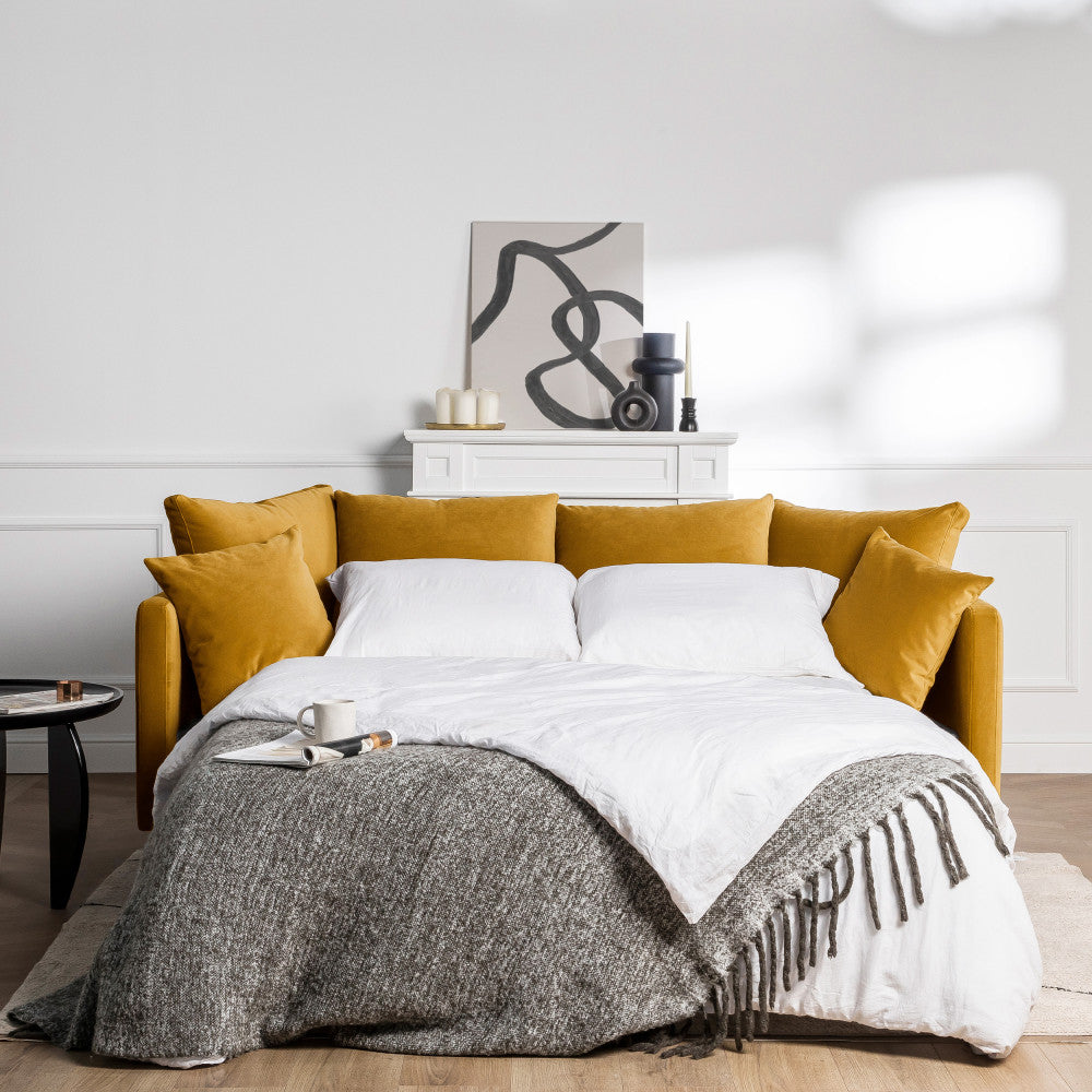 Villabon - 3-Seater Sofa Bed - Velvet, Black Hairpin Legs - Mustard Yellow