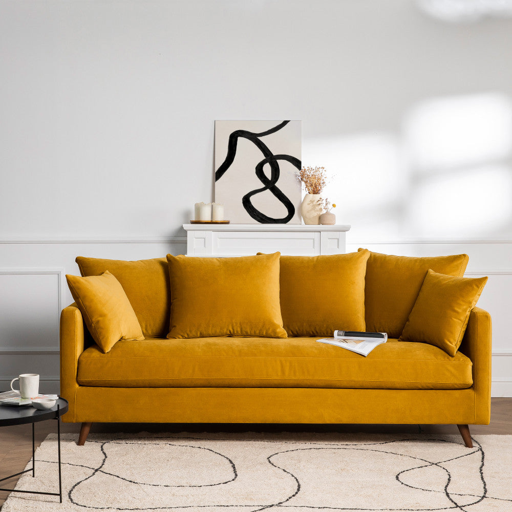 Villabon - 4-Seater Sofa Bed - Velvet, Dark Wood Legs - Mustard Yellow