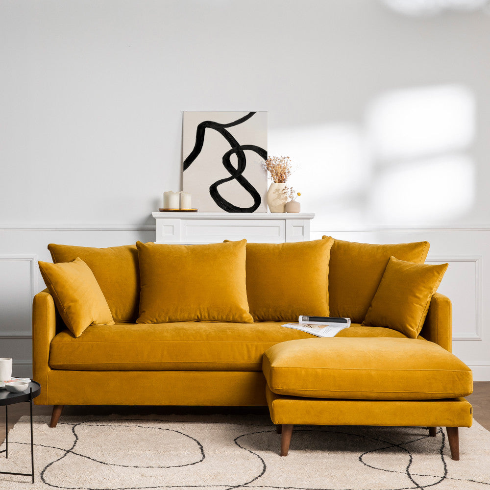 Villabon - 4-Seater Sofa Bed - Velvet, Dark Wood Legs - Mustard Yellow