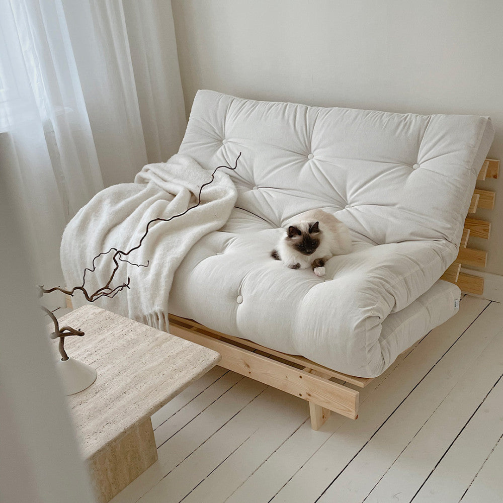 Roots - Canapé Convertible - Bois Naturel Et Tissu - Ecru