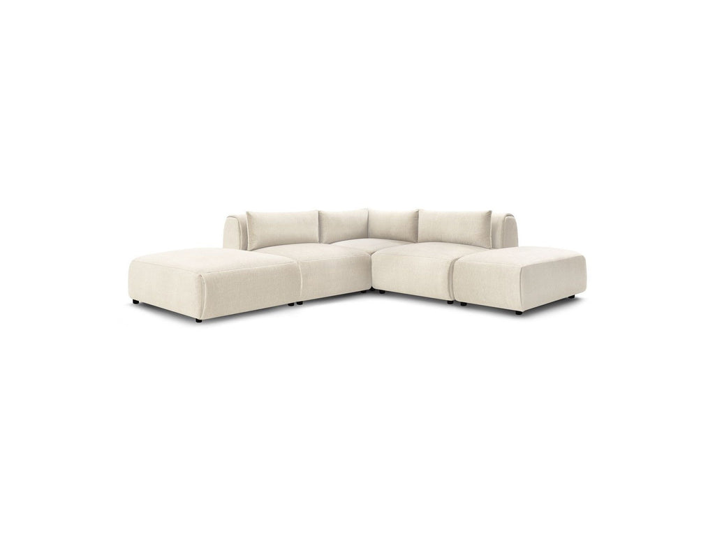 Jeanne - Canapé D'Angle Fixe Modulable - Tissu Velours Avec 2 Chauffeuses, 1 Angle Et 2 Poufs