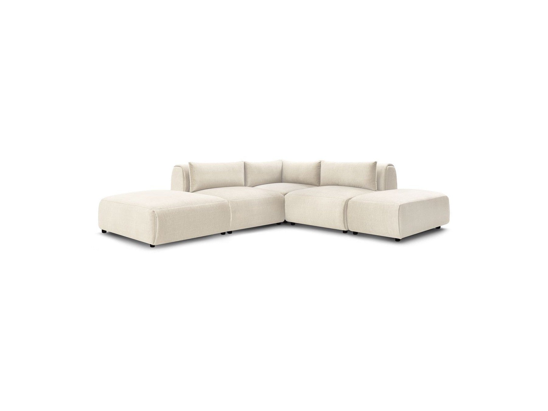 Jeanne - Canapé D'Angle Fixe Modulable - Tissu Velours Avec 2 Chauffeuses, 1 Angle Et 2 Poufs