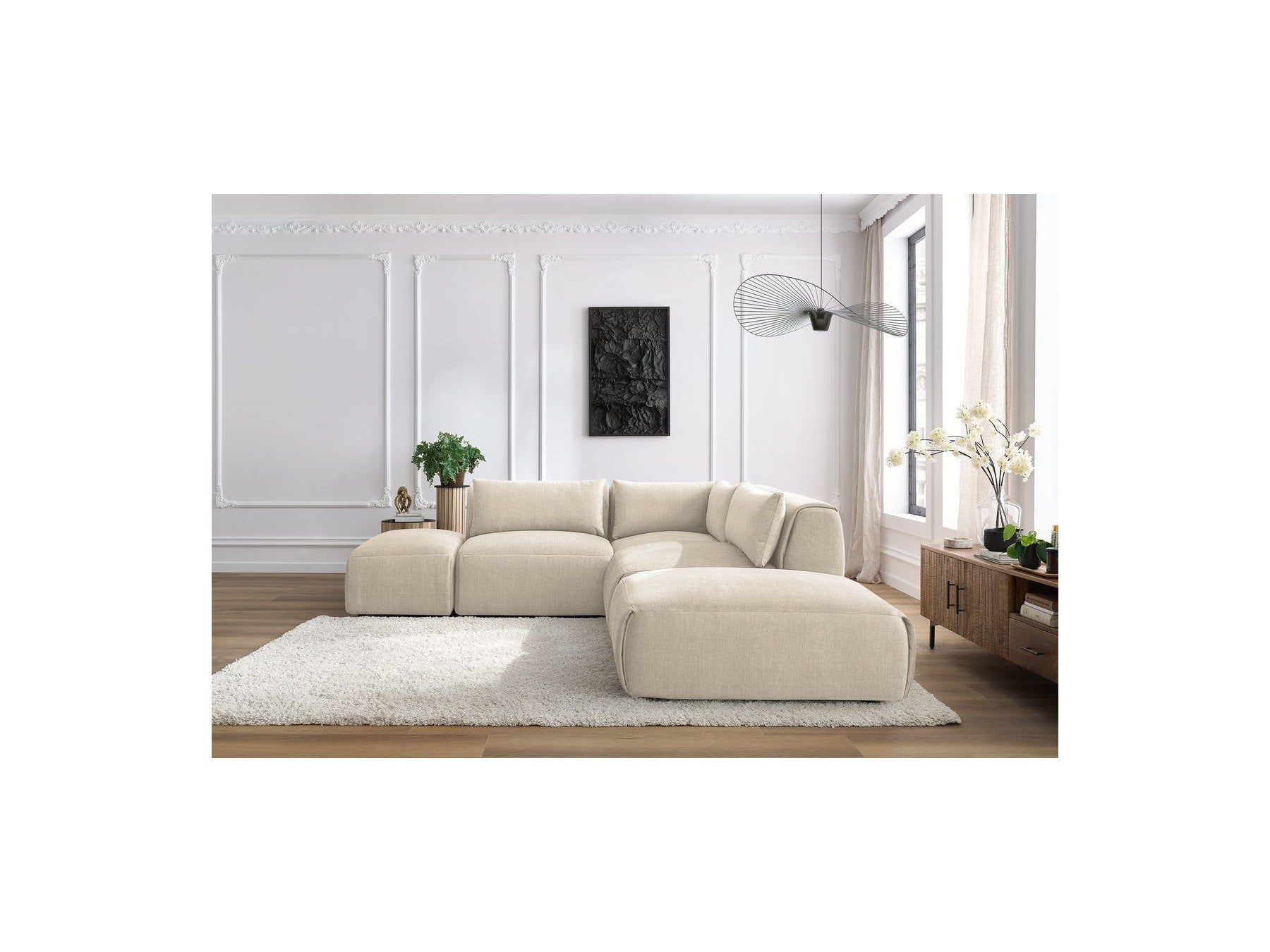 Jeanne - Canapé D'Angle Fixe Modulable - Tissu Velours Avec 2 Chauffeuses, 1 Angle Et 2 Poufs