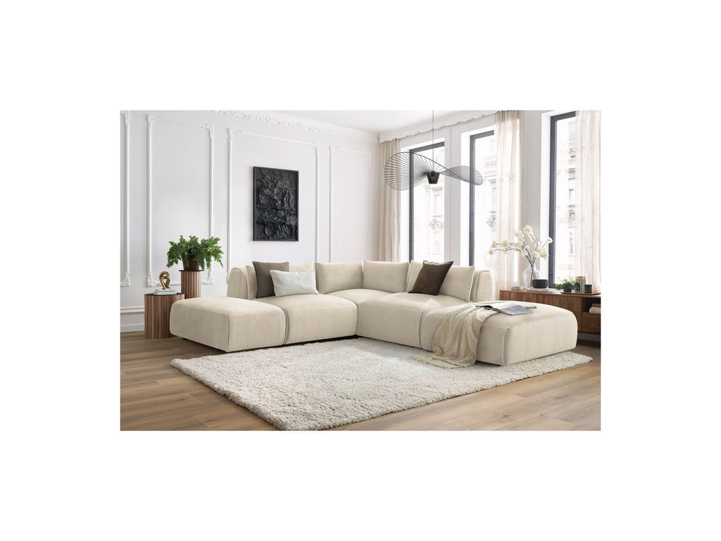Jeanne - Canapé D'Angle Fixe Modulable - Tissu Velours Avec 2 Chauffeuses, 1 Angle Et 2 Poufs