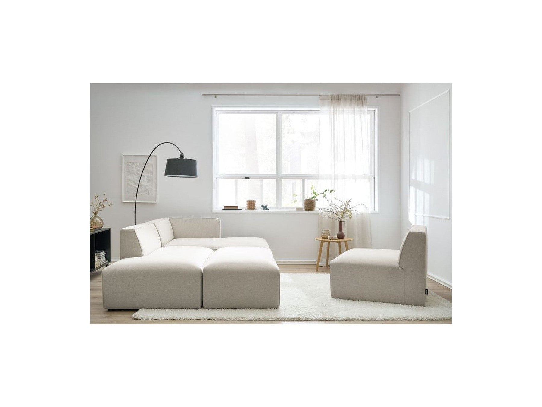 Megeve - Canapé D'Angle Fixe Modulable - Tissu Lisse Avec 1 Chauffeuse Et 1 Pouf - Angle Droit