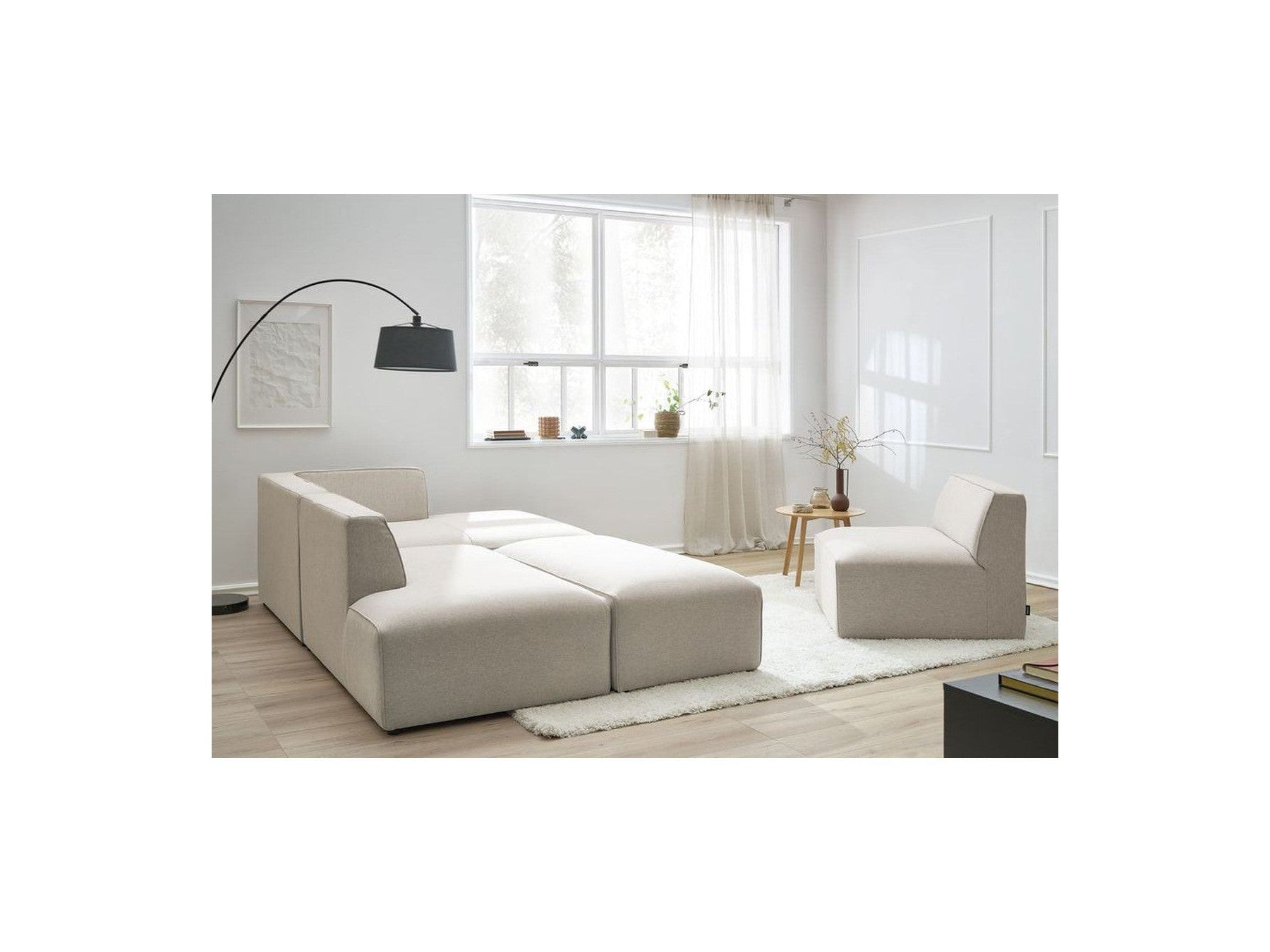 Megeve - Canapé D'Angle Fixe Modulable - Tissu Lisse Avec 1 Chauffeuse Et 1 Pouf - Angle Droit
