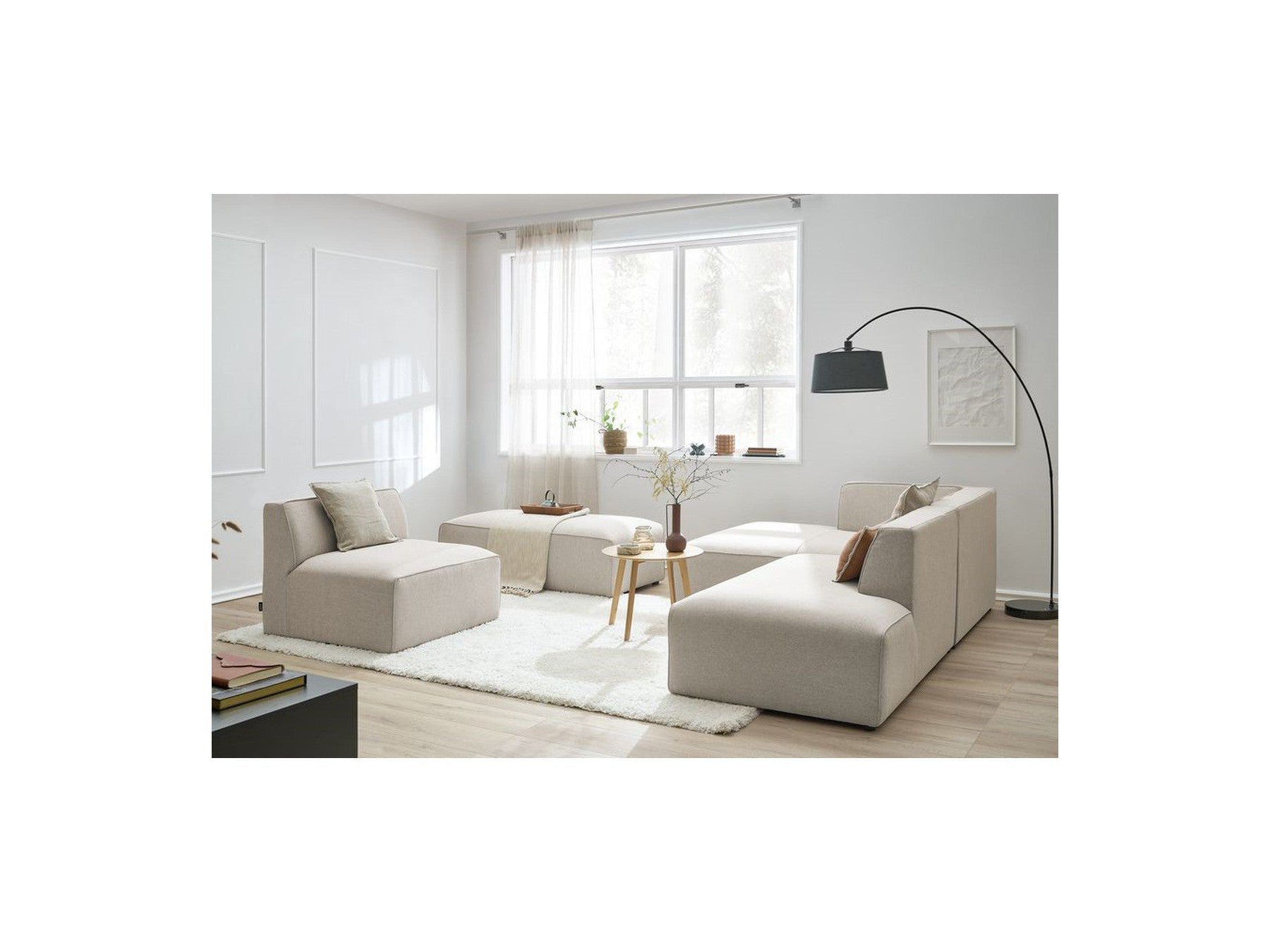 Megeve - Canapé D'Angle Fixe Modulable - Tissu Lisse Avec 1 Chauffeuse Et 1 Pouf - Angle Gauche