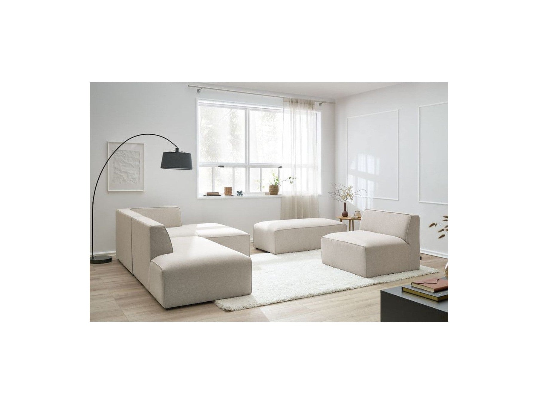Megeve - Canapé D'Angle Fixe Modulable - Tissu Lisse Avec 1 Chauffeuse Et 1 Pouf - Angle Droit