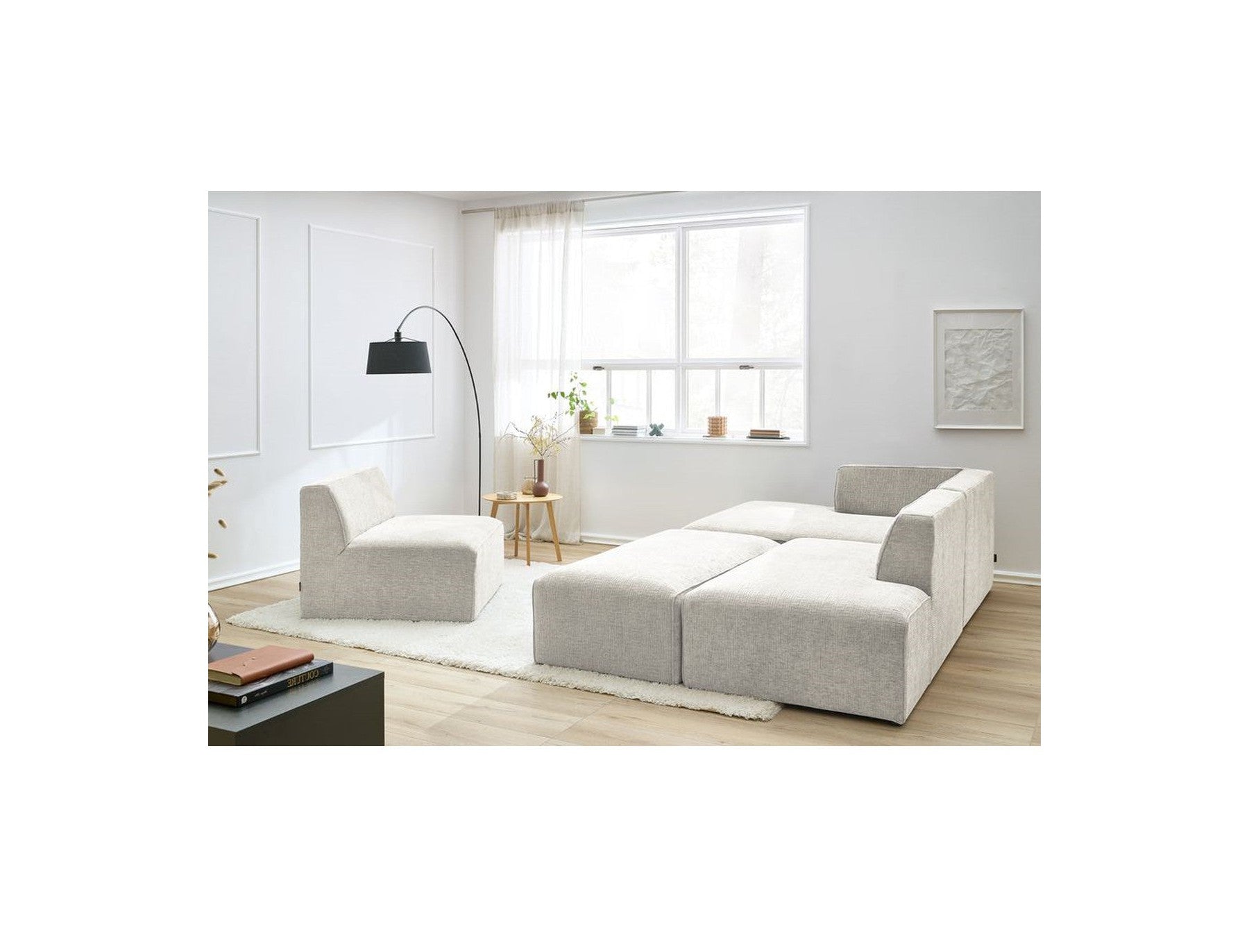 Canapé D'Angle Fixe Modulable - Megeve - Tissu Texturé - Avec 1 Chauffeuse Et 1 Pouf - Angle Gauche