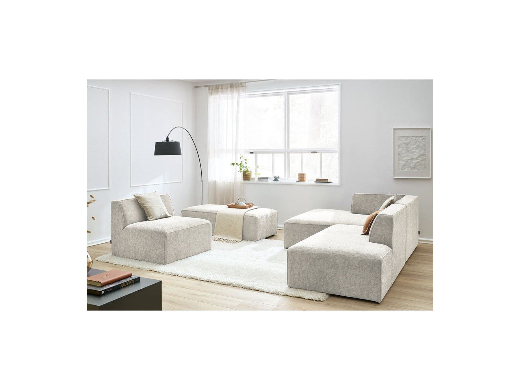 Canapé D'Angle Fixe Modulable - Megeve - Tissu Texturé - Avec 1 Chauffeuse Et 1 Pouf - Angle Gauche