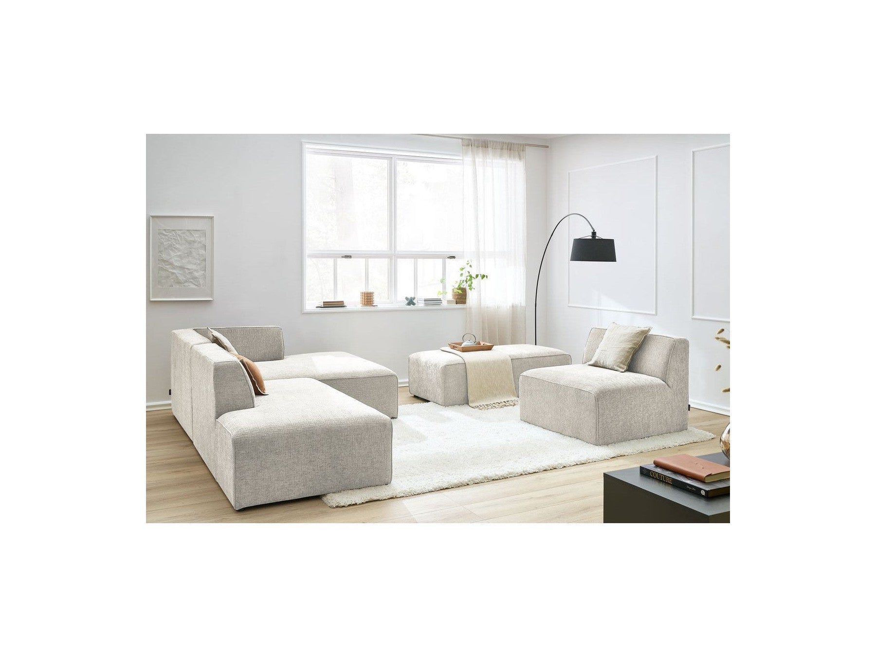 Canapé D'Angle Fixe Modulable - Megeve - Tissu Texturé - Avec 1 Chauffeuse Et 1 Pouf - Angle Droit