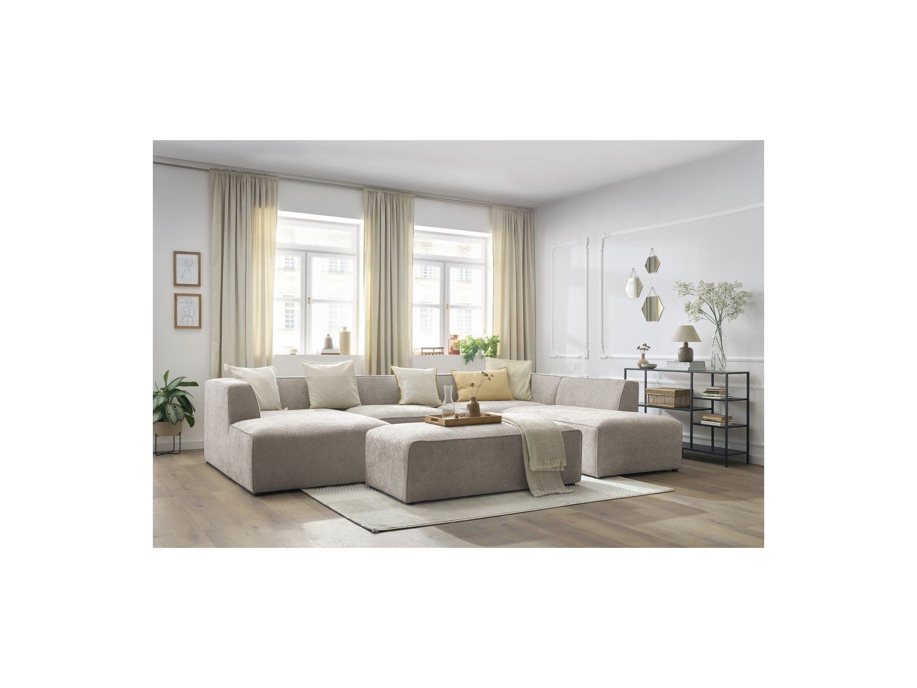 Fixed Panoramic Sofa - Megeve - With Pouffe - Textured Fabric - Left Corner