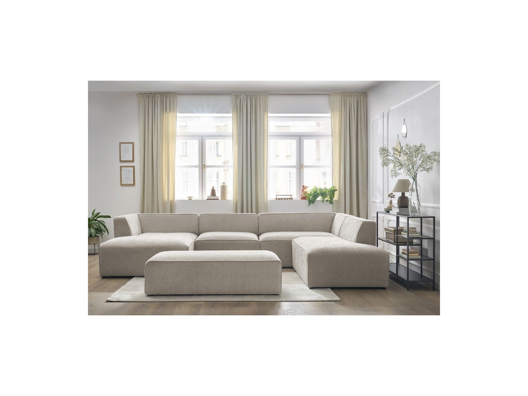 Fixed Panoramic Sofa - Megeve - With Pouffe - Textured Fabric - Left Corner