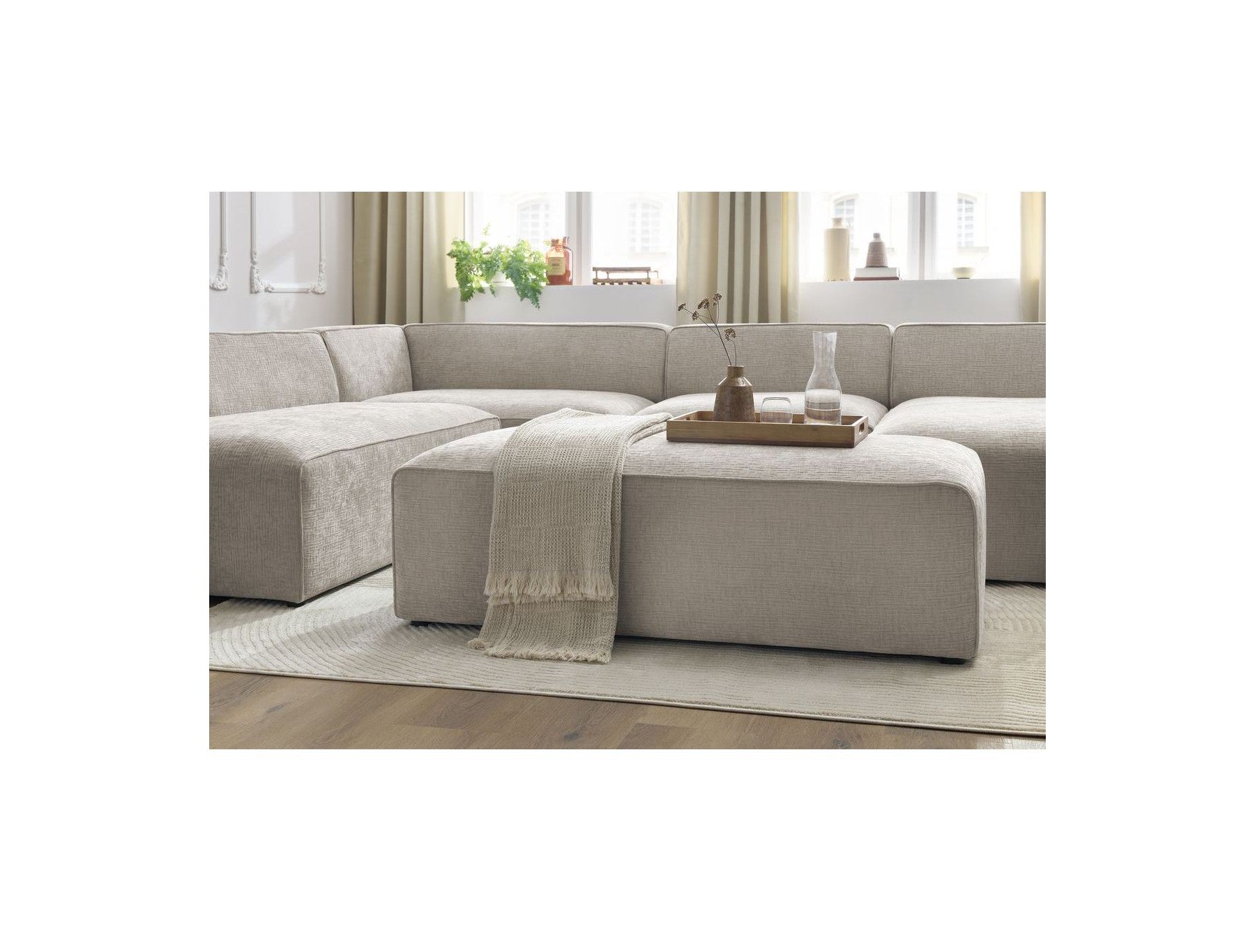 Fixed Panoramic Sofa - Megeve - With Pouffe - Textured Fabric - Right-Hand Corner