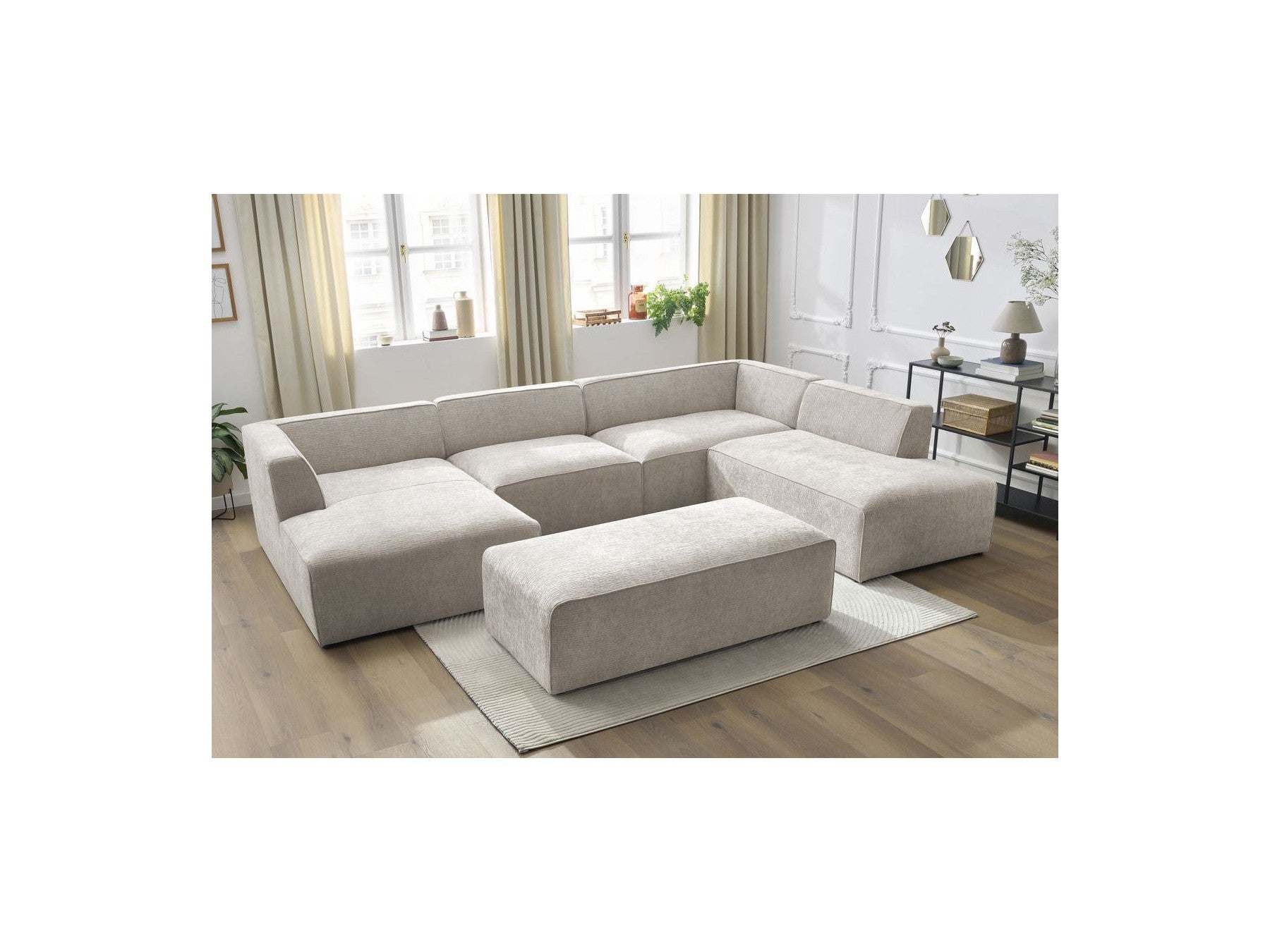 Fixed Panoramic Sofa - Megeve - With Pouffe - Textured Fabric - Left Corner