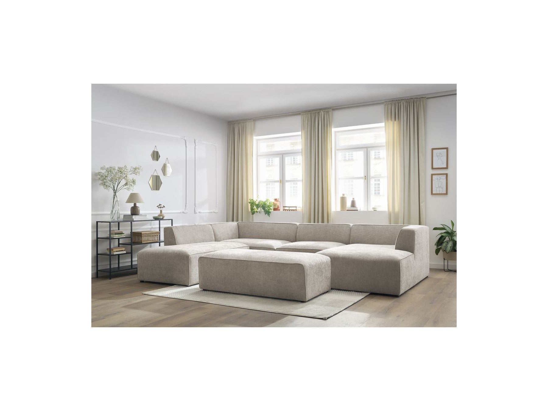 Fixed Panoramic Sofa - Megeve - With Pouffe - Textured Fabric - Right-Hand Corner