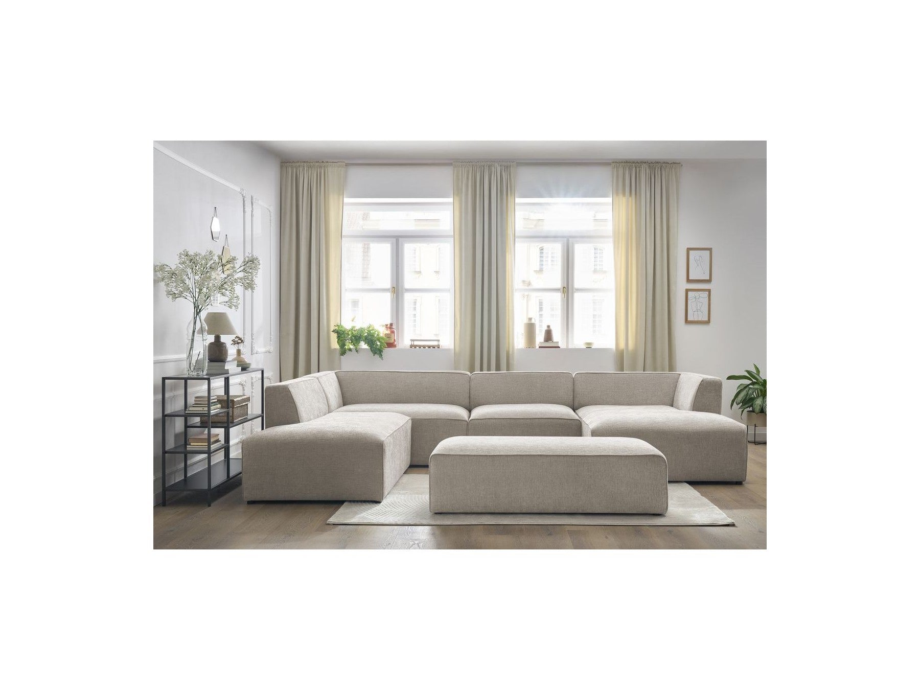 Fixed Panoramic Sofa - Megeve - With Pouffe - Textured Fabric - Right-Hand Corner