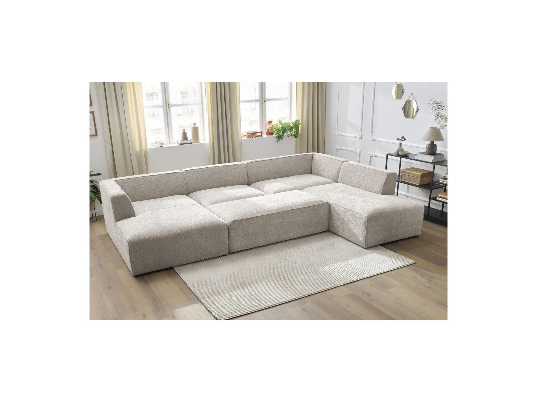 Fixed Panoramic Sofa - Megeve - With Pouffe - Textured Fabric - Left Corner
